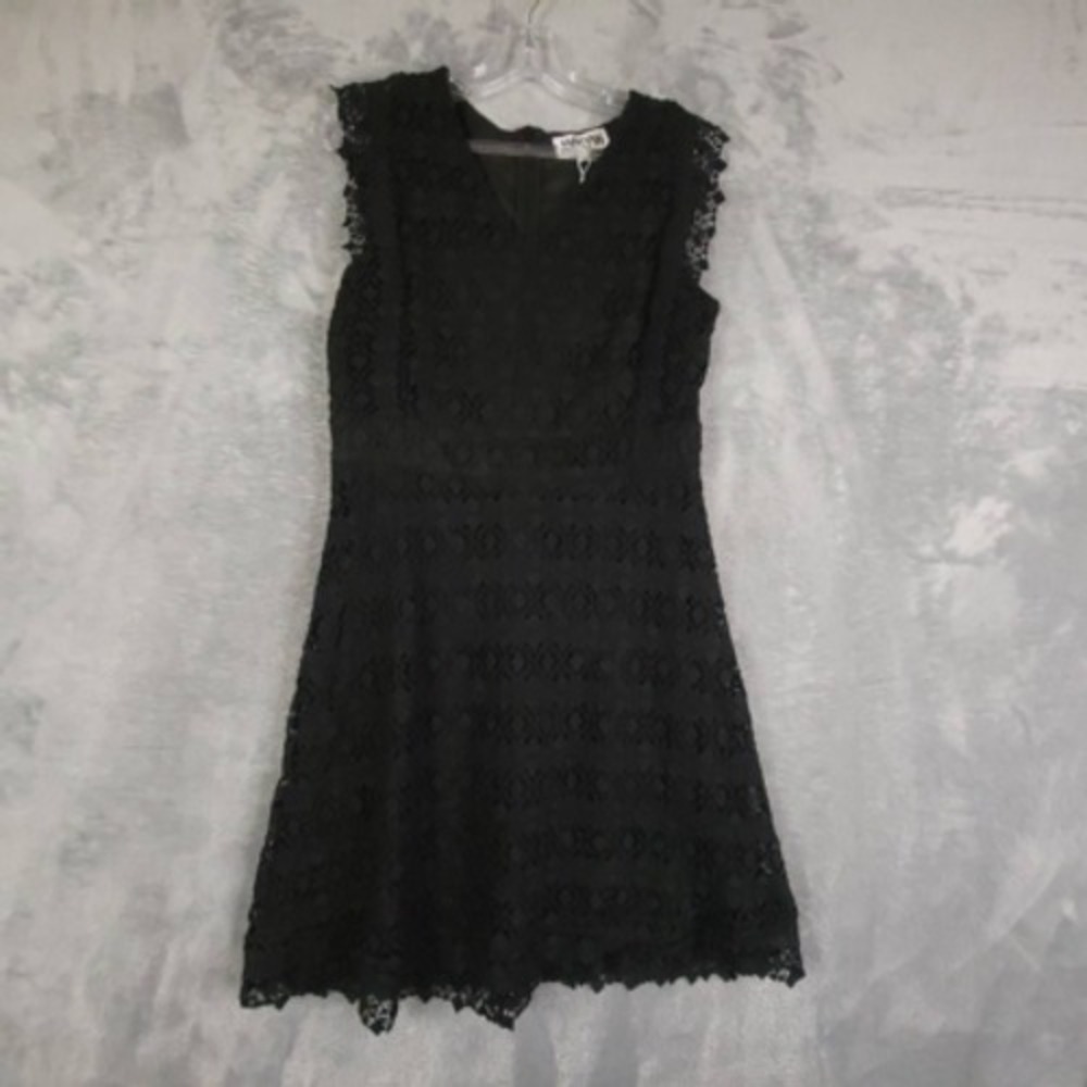 Amy Lynn Dress Womens Rowan Solid Black V Neck Sleeveless Lace Overlay L New
